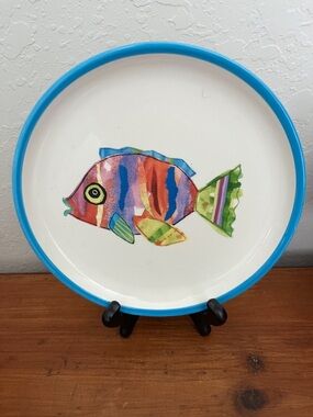Lori Siebert Multicolor Tropical Fish Decorative Plate with Blue Edge 8 in
